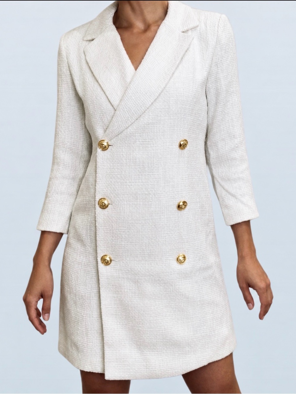 Alexia Admor White Double-Breasted Tweed Blazer Dress with Gold Buttons